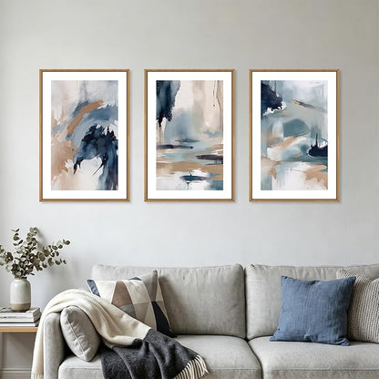 KAIRNE Blue Abstract Neutral Framed Canvas Wall Art Set, Navy Abstract Wall Decor, Watercolor Blue and Brown Wall Painting, Modern Textured Art Prints for Living Room, Bedroom, Office-16 x24 x3