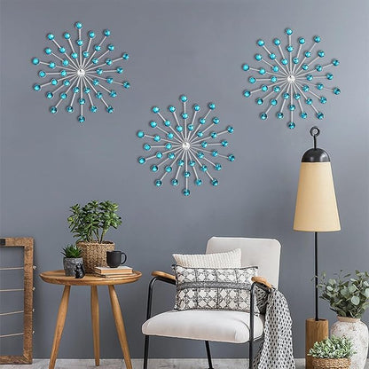 DXYAKY Set of 3 Blue Metal Starburst Wall Art Decor, Rhinestone Crystal Home Decor Accents, 9.8 Inch Decorative Wall Hanging Diamond, Jeweled Sparkle Wall Sculptures for Living Room Bedroom