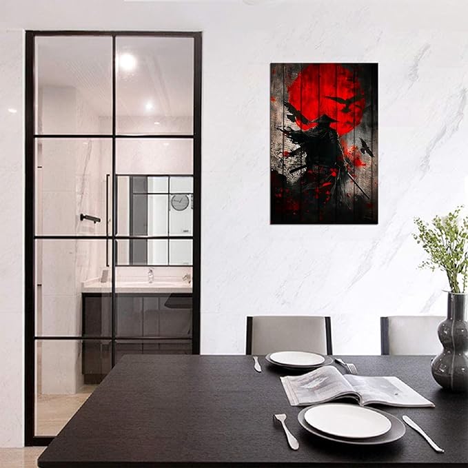 Japanese Samurai Retro Black and Red Atmosphere Asian Samurai Armor Red Moon Poster Canvas Wall Art Prints Bushido Poster Modern Home Decor Framed for Bedroom Living Room Office (24''W x 36''H)