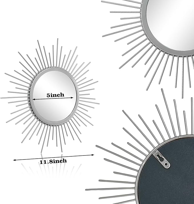 3 Set Sunburst Mirrors for Wall Decor Living Room Bedroom Bathroom Dining Room Metal Boho Sunburst Wall Mirror Set Gold Metal Vintage Circle Art Pack - Silver 11.8 in