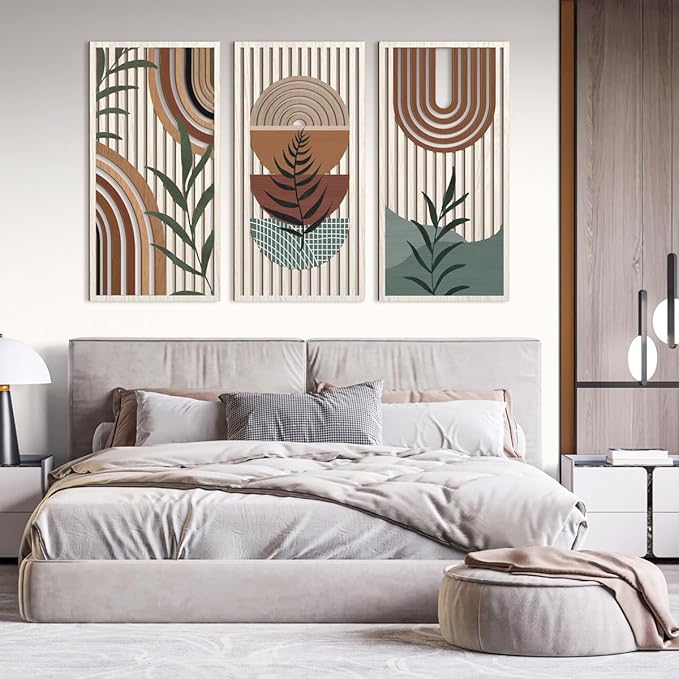 IARTTOP Large Boho Wood Wall Art 16x32 Inch Mid Century Modern Bohemian Wooden Wall Decor Brown Minimalist Geometric Plant Decor for Bedroom Living Room Dining room Set of 3
