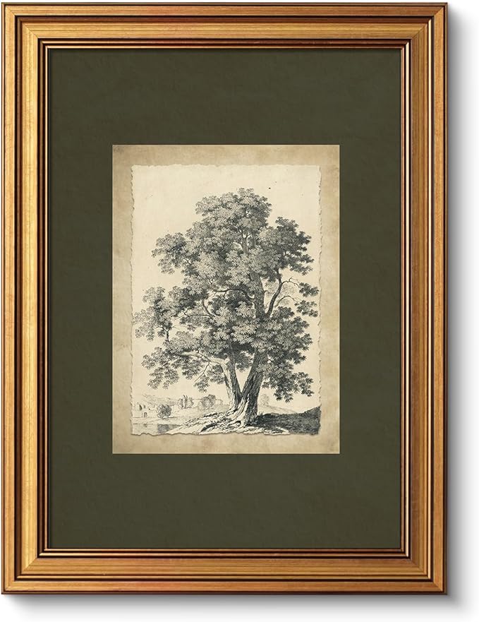 VIYYIEA Vintage Gold Framed Wall Art, Tree Forest Landscape Painting Canvas Prints, Green Gray Tree Natural Sketch Picture, Rustic Farmhouse Artwork for Living Room Bedroom Bathroom, 12x16inch