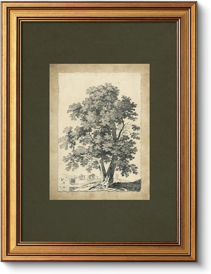 VIYYIEA Vintage Gold Framed Wall Art, Tree Forest Landscape Painting Canvas Prints, Green Gray Tree Natural Sketch Picture, Rustic Farmhouse Artwork for Living Room Bedroom Bathroom, 12x16inch
