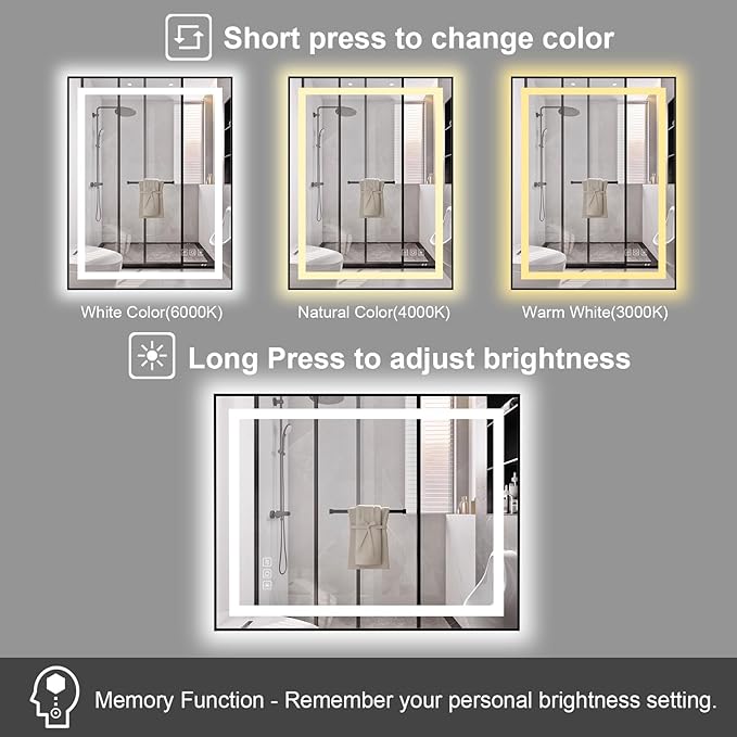 20x28 inches Rectangular Aluminum Black Framed LED Mirror, Smart Bathroom Mirror with Lights, Anti-Fog, Tempered Glass, 3 Colors Dimmable, Front and Backlit, Wall Mounted, Memory