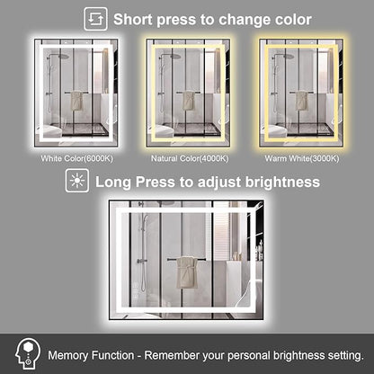24x32 inches Rectangular Aluminum Black Framed LED Mirror, Smart Bathroom Mirror with Lights, Anti-Fog, Tempered Glass, 3 Colors Dimmable, Front and Backlit, Wall Mounted, Memory