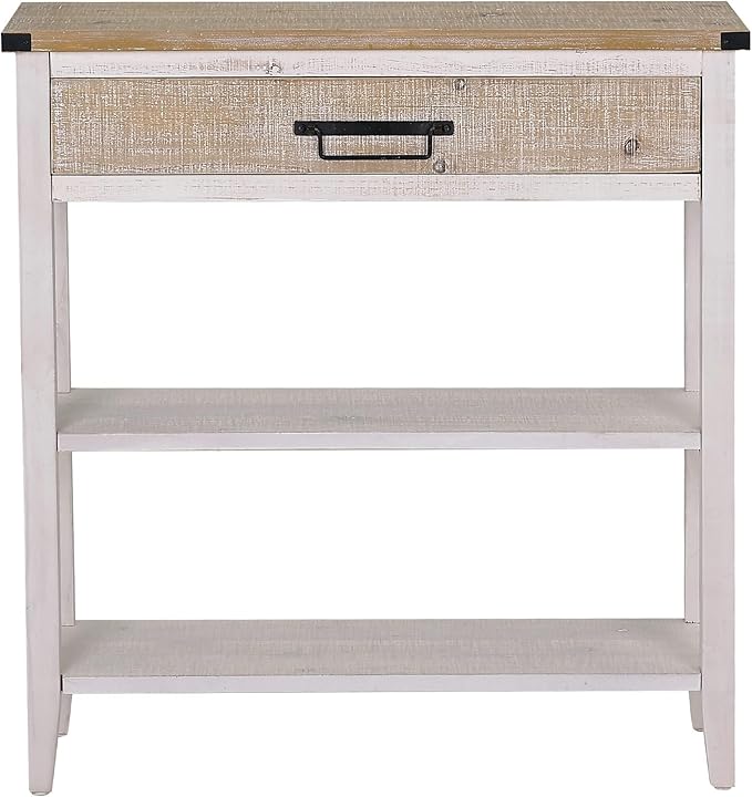 RUSTOWN Farmhouse Console Table with Drawer, 3-Tier Rustic Entryway Table with Open Storage Shelves and Handmade Metal Handle, Narrow Foyer Sofa Table for Living Room, Entryway, Hallway (Washed White)