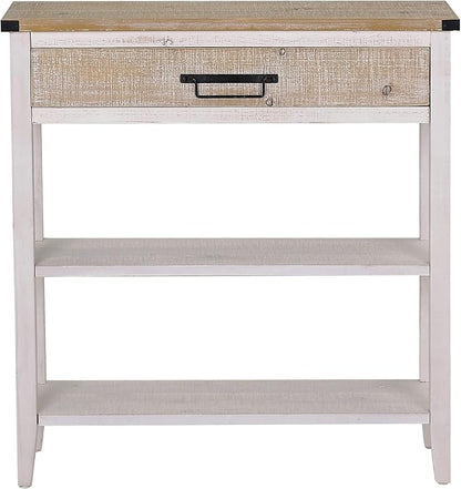 RUSTOWN Farmhouse Console Table with Drawer, 3-Tier Rustic Entryway Table with Open Storage Shelves and Handmade Metal Handle, Narrow Foyer Sofa Table for Living Room, Entryway, Hallway (Washed White)
