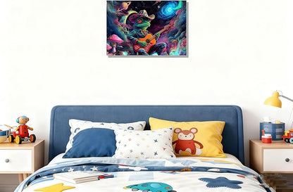 12x16 Trippy Space Frog Canvas Wall Art, Colorful Framed Cosmic Funny Guitar Player Kids Trippy Room Decor Teen Boys Bedroom Cool Posters Children Home Prints Painting for Living Room Bathroom Entry