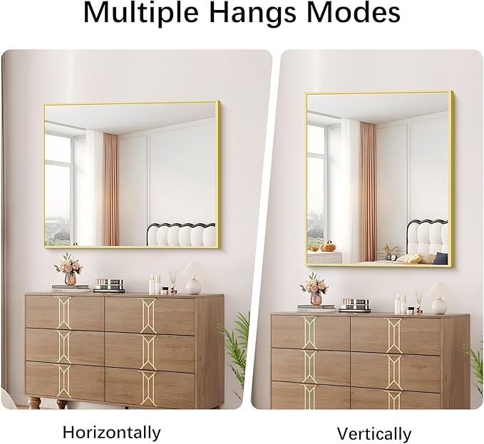 COFENY Gold Bathroom Mirror for Wall, 30x36 Inch Rectangle with Metal Frame, Modern Vanity for Bathroom Living Room, Entryway Hangs Horizontal or Vertical