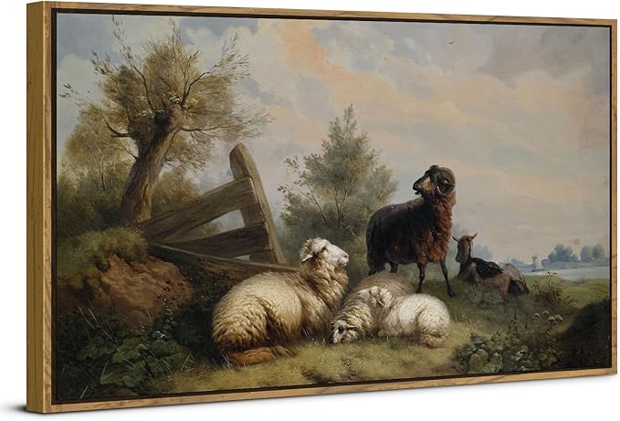 Farmhouse Sheep Framed Canvas Wall Art Vintage French Country Nature Landscape Wall Decor Countryside Meadow Flock of Sheep Animal Poster Prints Artwork for Kitchen Bedroom Home Decoration 30x57.8