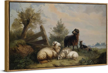 Farmhouse Sheep Framed Canvas Wall Art Vintage French Country Nature Landscape Wall Decor Countryside Meadow Flock of Sheep Animal Poster Prints Artwork for Kitchen Bedroom Home Decoration 30x57.8