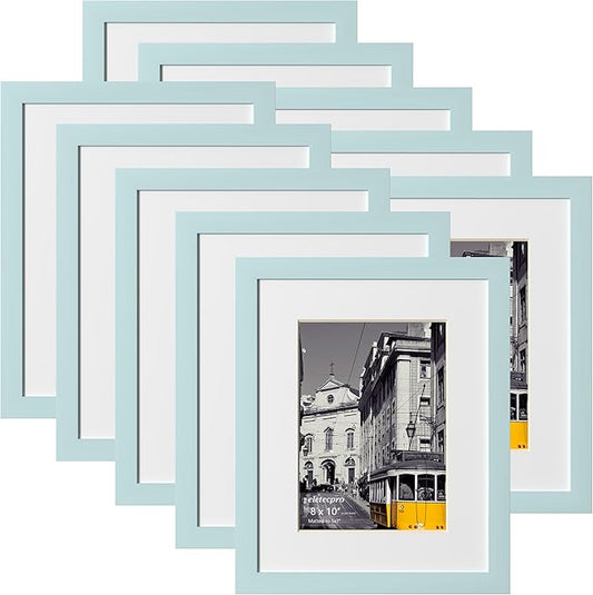 eletecpro 8x10 Picture Frames Set of 10, Picture Frame Collage Wall Decor Display 5x7 Photo with Mat or 8x10 without Mat, Home Decor Gallery Frame for Table Top or Wall Mounting, Sky Blue
