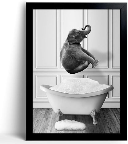 calmart Funny Elephant Wall Art - Washing Elephant In Bathtub Pictures for Wall Animal Paintings Please Seat Yourself Sign Framed Artwork Rustic Canvas Print Decor