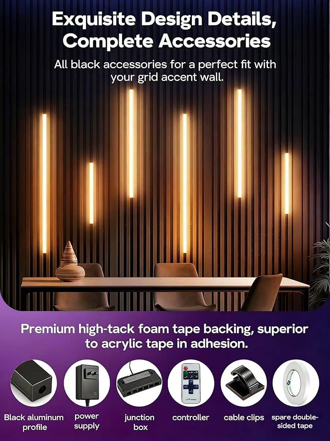 WiFi LED Recessed Lighting Kit for Wall Panels - 6pcs Adhesive Wall Strip Lights for Interior Wall Decor, 3000K Compatible with Alexa & Google Assistant for Wall Accent Acoustic Panels