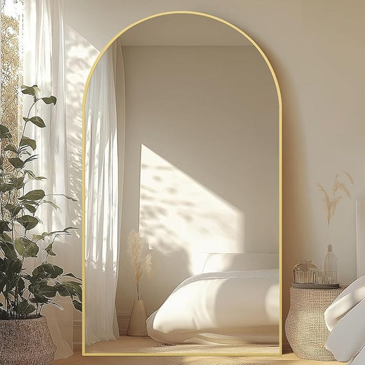 Large Mirror Full Length 76"X44", Oversized Arched Floor Mirror with Stand, Gold Standing Mirror Full Length, Hanging or Wall Mounted for Bedroom Living Room Clothing Store, Tempered Glass