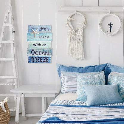 Coastal Wall Decor for Home, Beach Wall Art Wooden Hanging Sign with Starfish Element, Perfect Beach Themed Room Decor and Ocean Decor for Bathroom Bedroom Coastal Living Spaces 11.5" x 17"