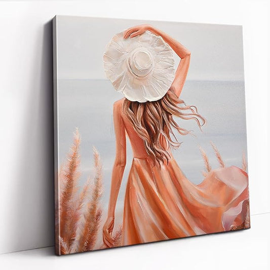 Poemwish Canvas Wall Art, Wall Art for Living Room, Woman in Pink Dress at Beach Bathroom Decor, White Hat Ocean View Scene, Coastal Decor with Reeds