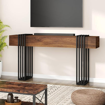 knoworld 63 Inch Long Console Table, Extra Thick Industrial Sofa Table Behind The Couch Rectangular Entryway Table for Entrance Hallway Living Room, Entire top Board & 4-Pipe Legs, Rustic Brown