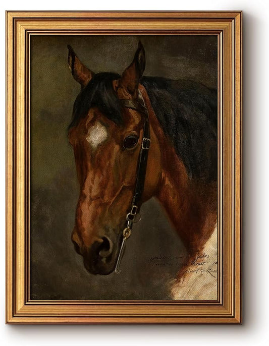 Bzstyleart Vintage Wall Art Decor for Living Room, Horse Pictures Wall Decor, Framed Canvas Artwork, Antique Animal Painting Kitchen Bedroom Bathroom Home Decor, 12 x 16 Inch