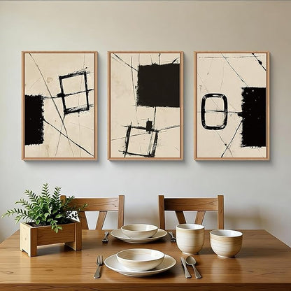 HOURIA Nordic Abstract Black & Beige Brush Stroke Framed Canvas Wall Art Set,Minimalist Geometric Grunge Line Shapes Ink Sketch Decor,Neutral Modern Drawing Artwork for Living Room,Farmhouse-16"x24"x3