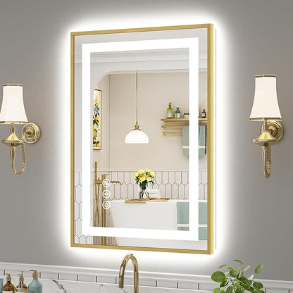 24x36 Inch LED Bathroom Mirror with Gold Frame, Backlit & Front Lit, Anti-Fog Lighted Bathroom Vanity Mirror for Wall, Memory Function, Dimmable, HD Tempered Glass, Shatter-Proof