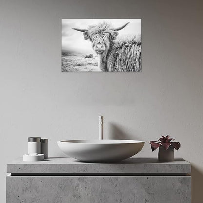 Black and White Cow Bull Yak Canvas Picture Wall Decor Farmhouse Baby Highland Cow Decor Bathroom Picture Wall Art Framed for Home Office (12x16 inch)