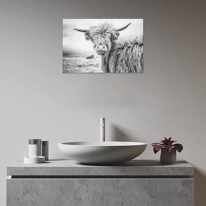 Black and White Cow Bull Yak Canvas Picture Wall Decor Farmhouse Baby Highland Cow Decor Bathroom Picture Wall Art Framed for Home Office (16x24 inch)