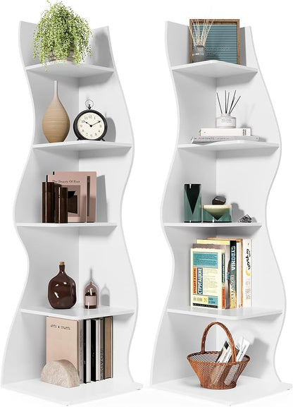 LITTLE TREE Small Corner Shelf, Modern 5-Tier Wall Corner Bookshelf, Stylish Bookcase Storage Rack for Small Space, Living Room, Bedroom