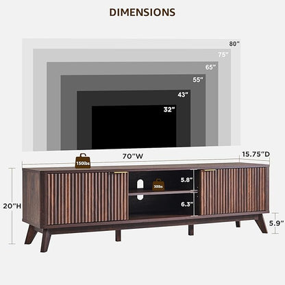OKD 70" Mid Century Modern Fluted TV Stand, Entertainment Center, Sideboard, Media Console for Living Room with 2 Soft Close Door/Adjustable Shelves (Dark Walnut)