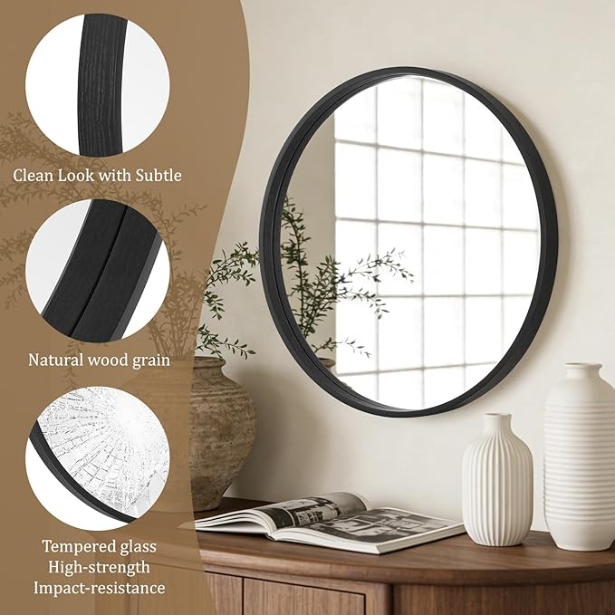 WallBeyond Black Round Wood Mirror 24 inch Circle Wall Mirror for Bathroom Round Wall Mirror for Wall Decor, Vanity, Entryway Living Room