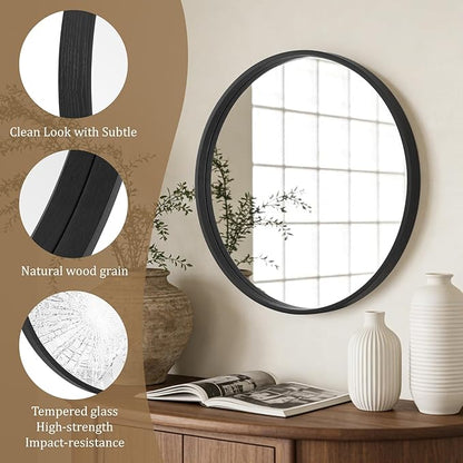 WallBeyond Black Round Wood Mirror 24 inch Circle Wall Mirror for Bathroom Round Wall Mirror for Wall Decor, Vanity, Entryway Living Room