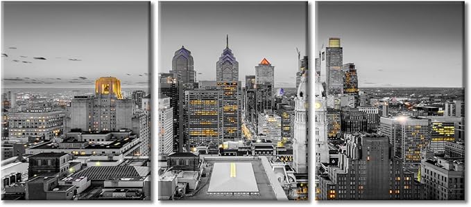 TUMOVO Philadelphia Pennsylvania City Skyline Wall Art for Living Room 3 Piece City Skyscrapers Skyline Landscape Wall Decor Living Room Stretched and Framed Ready to Hang (36" Wx16 H)