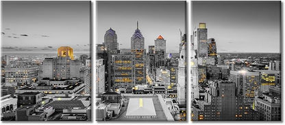TUMOVO Philadelphia Pennsylvania City Skyline Wall Art for Living Room 3 Piece City Skyscrapers Skyline Landscape Wall Decor Living Room Stretched and Framed Ready to Hang (36" Wx16 H)