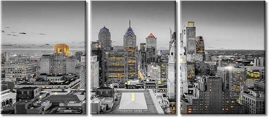 TUMOVO Philadelphia Pennsylvania City Skyline Wall Art for Living Room 3 Piece City Skyscrapers Skyline Landscape Wall Decor Living Room Stretched and Framed Ready to Hang (36" Wx16 H)