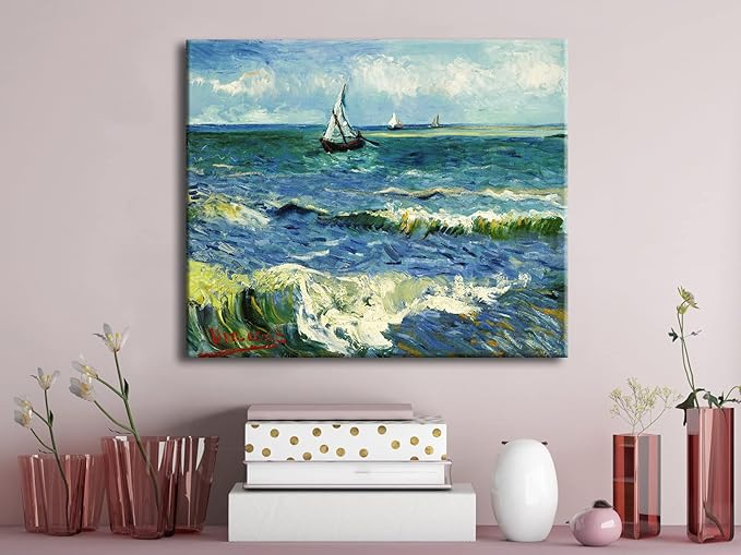 Wieco Art Seascape at Saintes Maries by Vincent Van Gogh Oil Paintings Reproduction Modern Wrapped Giclee Canvas Prints Sea Pictures on Canvas Wall Art for Living Room Home Office Decorations
