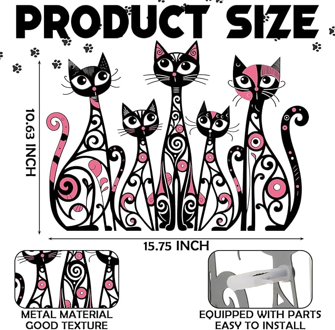 Wesiti Cat Wall Art Decor Iron Wall Sculptures Decor for Cats Lover 13.15 x 10.59 Inches Colorful Retro Mid Century Cat Signs for Home Living Room Bedroom Kitchen Office(Stylish)