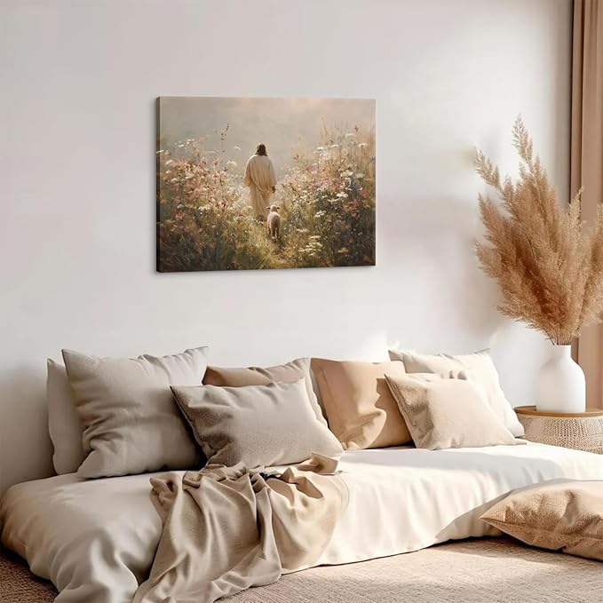 Jesus Leaves the 99 Sheep Wall Art The Lost Sheep Bible Stories Painting picture Wall Decor religion Christian Wildflowers Poster Print Artwork for Church LDS bedroom Living Home Decor 12x16 in Canvas