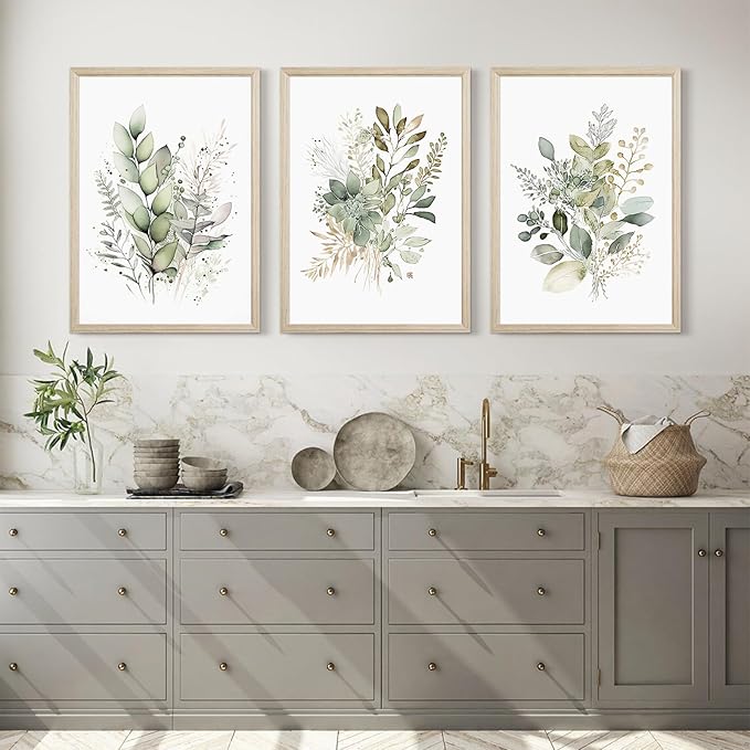 Watercolor Botanical Wall Art Set of 3 Boho Floral Canvas Wall Decor Prints Sage Green Wildflower Wall Art Modern Flower Pictures Botanical Painting for Bedroom Bathroom 16x24 Inch Wood Framed