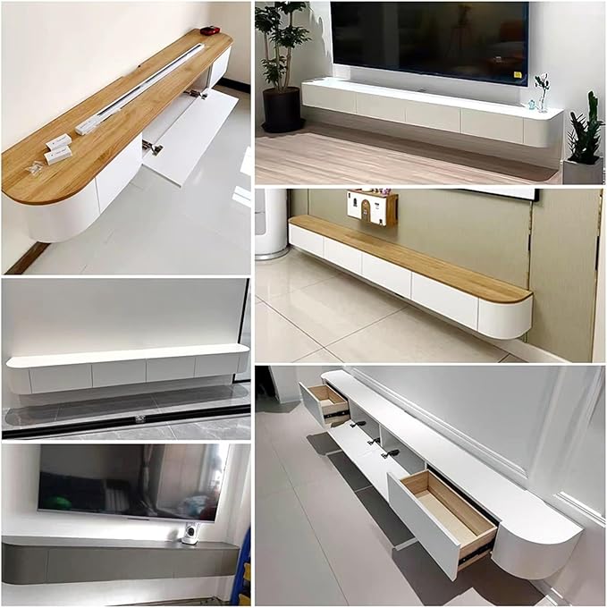 Modern Wall-Mounted Wooden TV Cabinet, White Media Console with Drawers & Cable Management, Stylish Entertainment Center, Space-Saving TV Storage Shelf (D, 220x24x20cm)