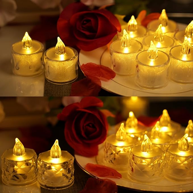 SupBri 24 Pack Flameless Tea Lights Candles Battery Operated, Crystal Led Tealight Candles,Votive Electric Fake Candles for Valentines Wedding Diwali Christmas Decorations