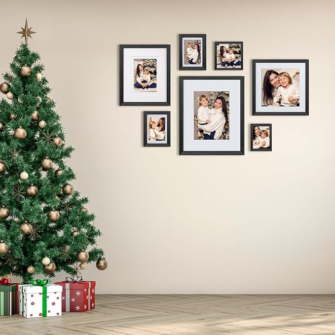 Egofine 8x8 Picture Frames Made of Solid Wood with Plexiglass, Display Pictures 4x4/6x6 with Mat or 8x8 Without Mat Set of 4 for Tabletop and Wall Mounting, Rustic Black
