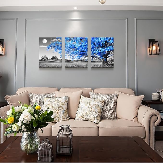 Wall Art For Living Room Black And White Blue Tree Moon Canvas Wall Decor For Home Artwork Huge Painting 20" X 28" 3 Pieces Canvas Print For Bedroom Decor Modern Salon Kitchen Office Hang A Picture