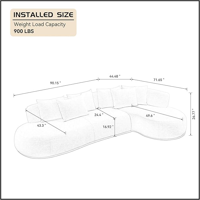 WILLIAMSPACE 134.63" Oversize Curved Sofa Cloud Couch with Round Chaise, Modern Upholstered Curved Sectional Sofa Couch with 6 Pillows for Living Room, No Assembly (Right-Facing,Cream White)