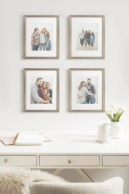 Kate and Laurel Adlynn Rectangle Picture Frame Set of 4; 11 x 14 matted to 8 x 10; Silver; Glam Four-Piece Frame Set for Gallery Wall Frame Set in Living Room Wall Decor