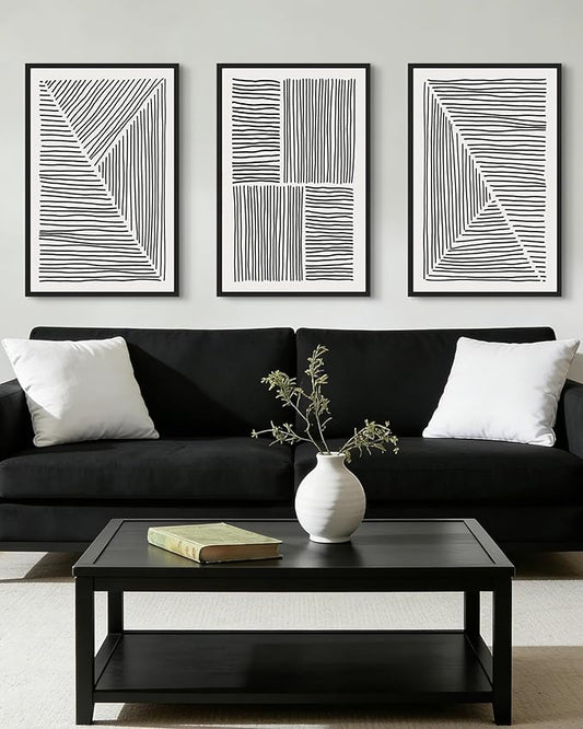 Drsoum Mid-Century Modern Framed Wall Art Large 24x36in Minimalist Abstract Boho Black Line Wall Decor Geometric Artwork Kitchen Dining Room Black Framed