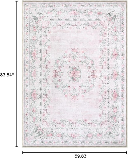 Wonnitar Floral Bow Pink Rug for Bedroom, Washable 5x7 Area Rug for Girls Nursery, Ultra-Thin Non Slip Soft Boho Carpet for Kids Room Dorm Living Room, Light Pink