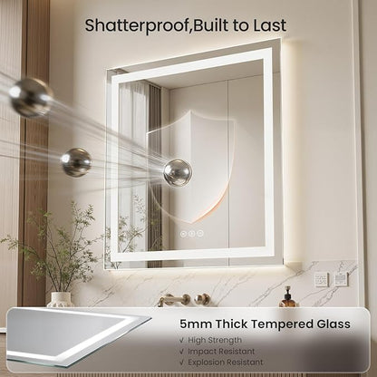 40X36 LED Bathroom Mirror with Lights, Anti-Fog, Dimmable - Lighted Bathroom Vanity Mirror with Front & Back Light, 3 Color Temperatures, Memory Function, Tempered Glass (Horizontal/Vertical)