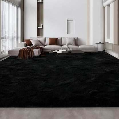 Deerhoo Large Shag Area Rugs 10 x 14, Tie-Dyed Plush Fuzzy Rug for Living Room, Ultra Soft Fluffy Furry Rugs for Bedroom, Anti-Skid Indoor Carpet Nursery Rugs for Kids Room Home Decor, Black