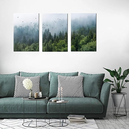 Green Forest Wall Art Tropical Forest Mountain Bird Contemporary Canvas Pictures Modern Artwork Framed for Bathroom Bedroom Nursery Living Room Home Office Kitchen Wall Decor 16" x 24" 3 Pieces