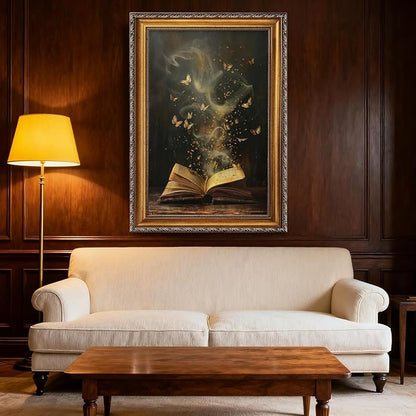 Balsuka Moody Victorian Bookish Wall Art Dark Academia Decor Vintage Reading Nook Butterfly Aesthetic Painting Canvas Print Poster for Library Bookstore Wall Decoration 24x36inch Vintage Framed